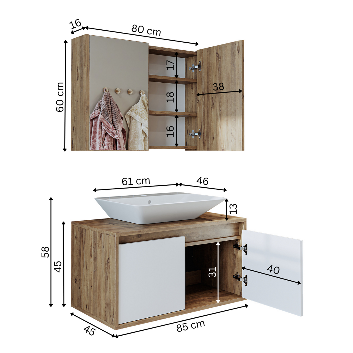 Roomart Atlantic - Bathroom Cabinet Set of 2 with Washbasin