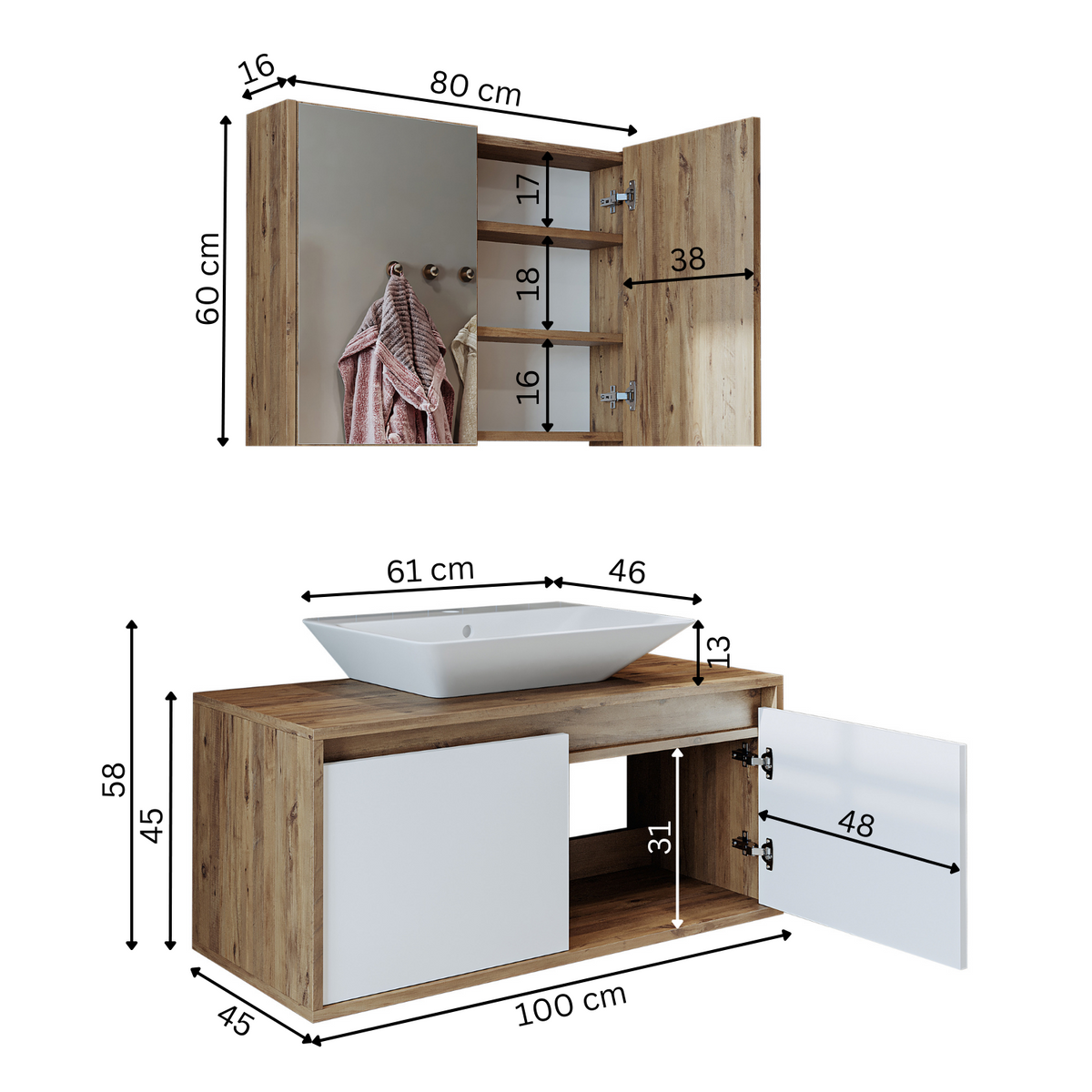 Roomart Atlantic - Bathroom Cabinet Set of 2 with Washbasin