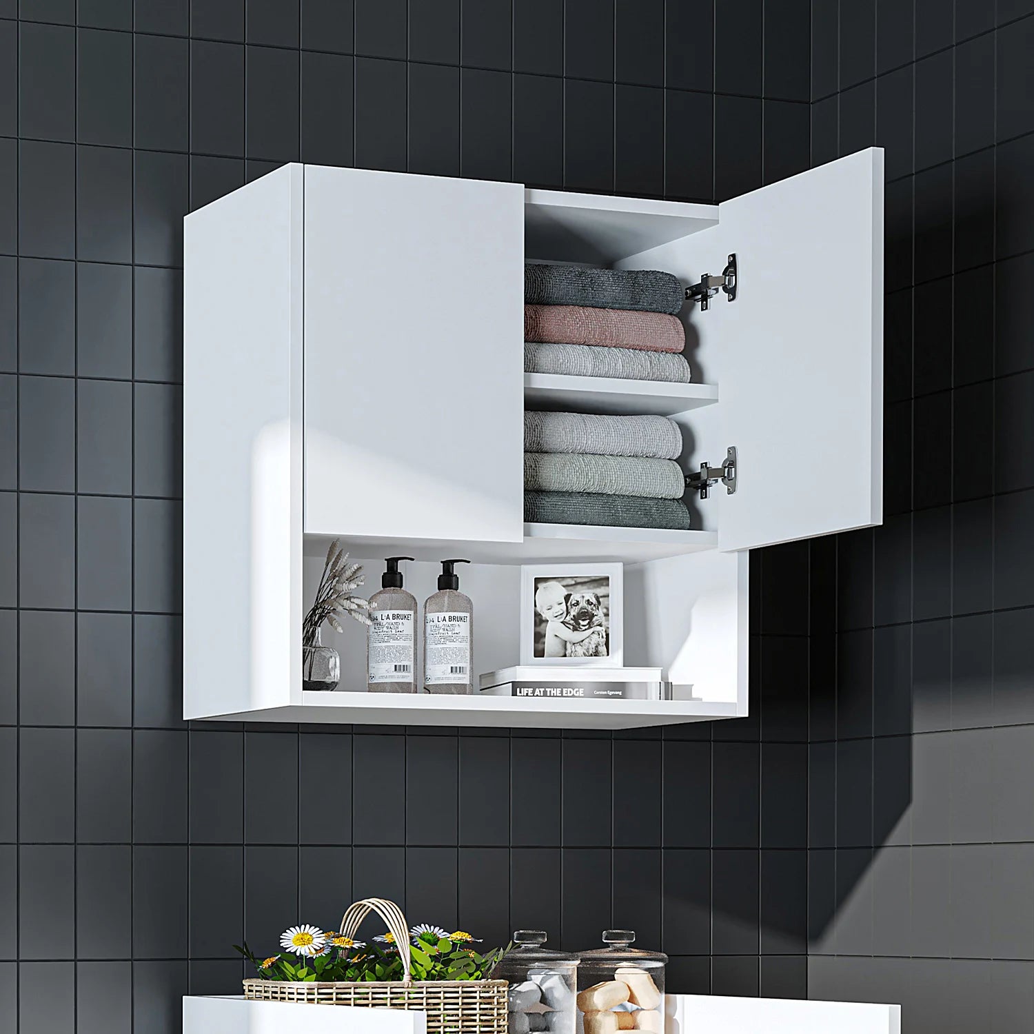 Roomart Derin 60 cm wall-mounted cabinet in white, UK laundry room storage door open