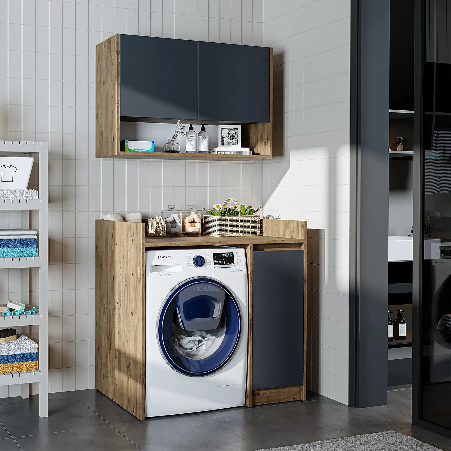 Roomart Derin 100 cm wall-mounted cabinet and washing machine cabinet in anthricite oak, UK laundry room storage