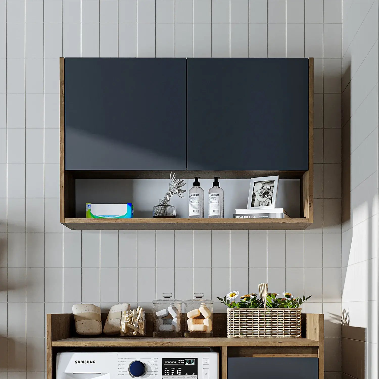 Roomart Derin 100 cm wall-mounted cabinet in anthricite oak, UK laundry room storage from front