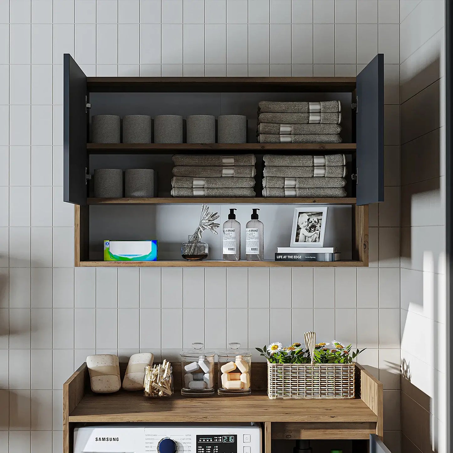 Roomart Derin 100 cm wall-mounted cabinet in anthricite oak, UK laundry room storage doors open front
