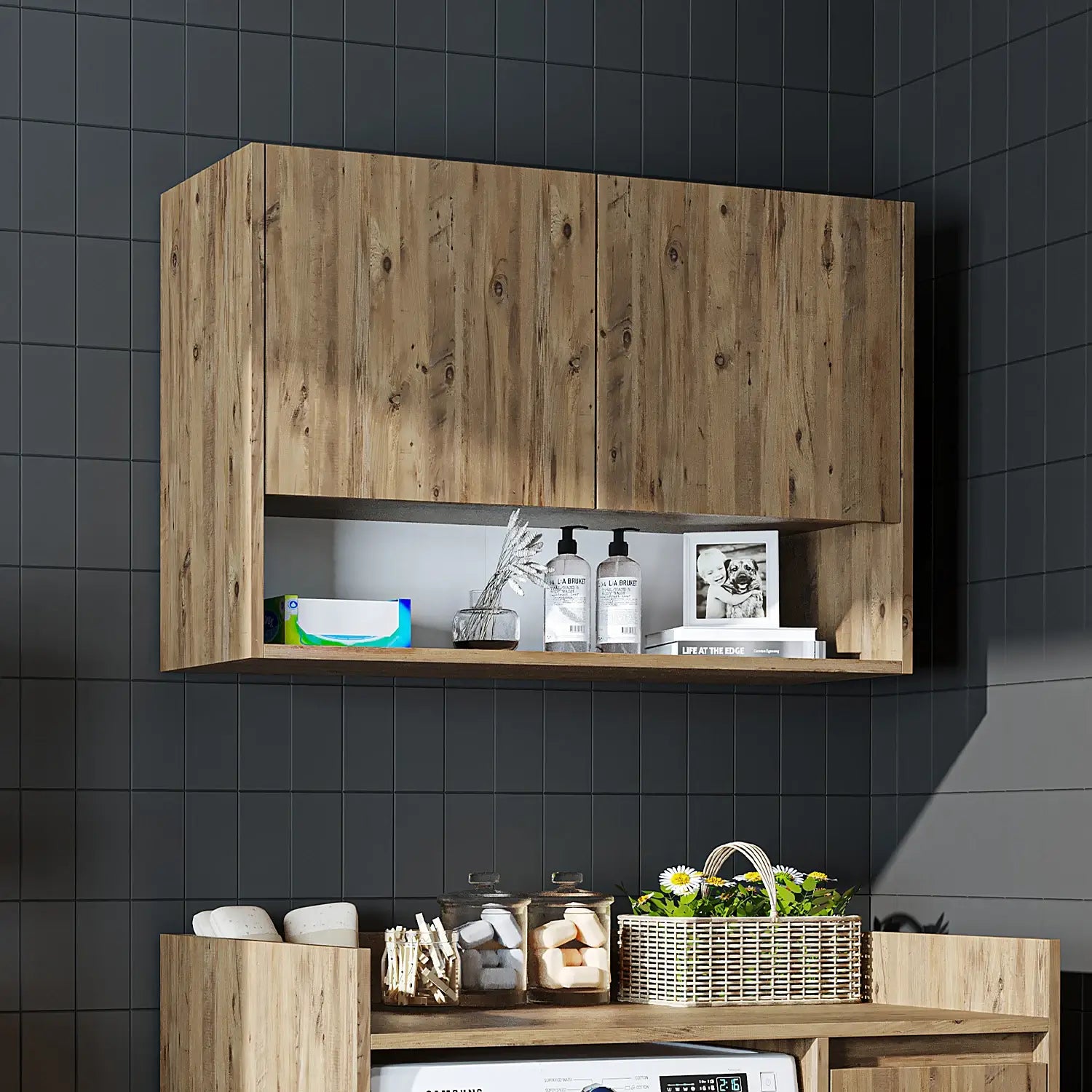 Roomart Derin 100 cm wall-mounted cabinet in oak, UK laundry room storage