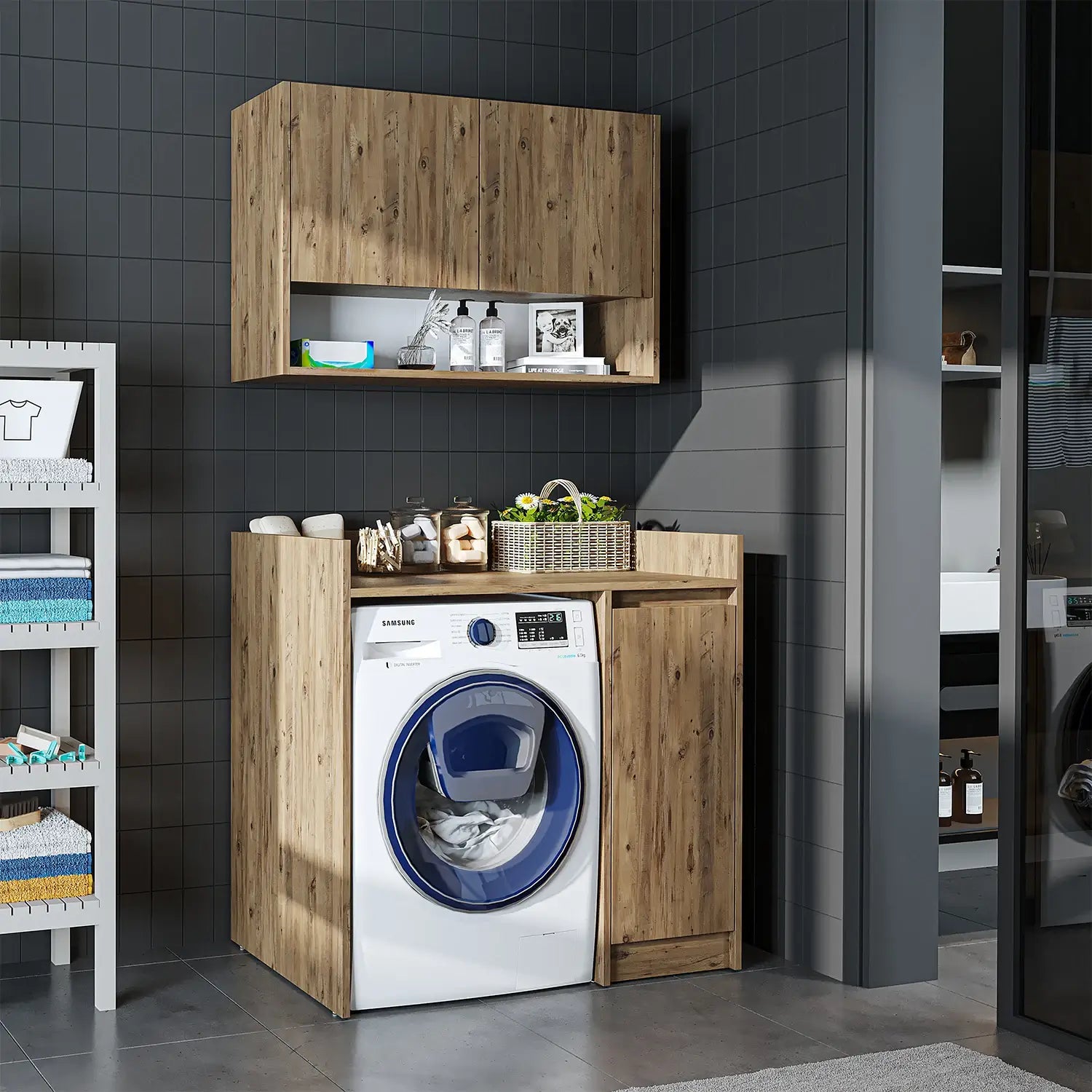 Roomart Derin 100 cm wall-mounted cabinet and washing machine cabinet in oak, UK laundry room storage