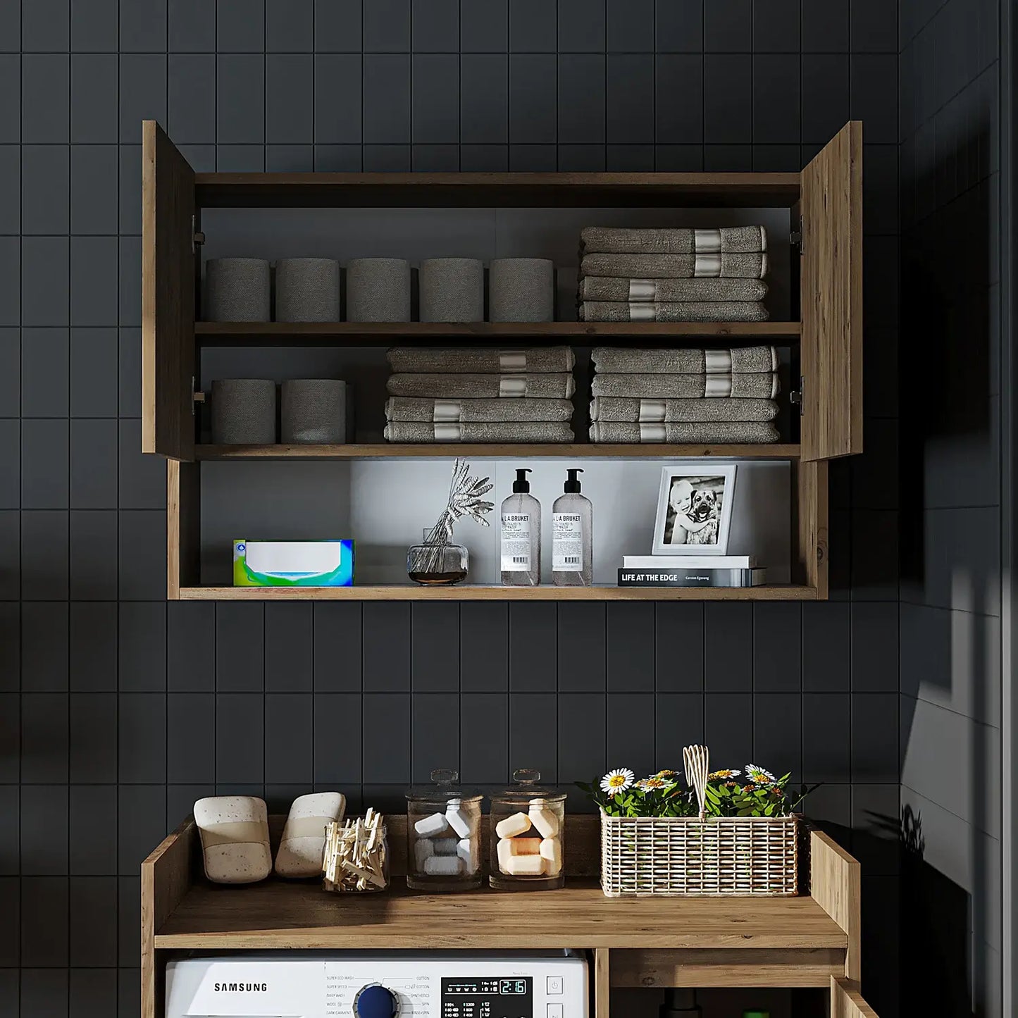 Roomart Derin 100 cm wall-mounted cabinet in oak, UK laundry room storage doors open front