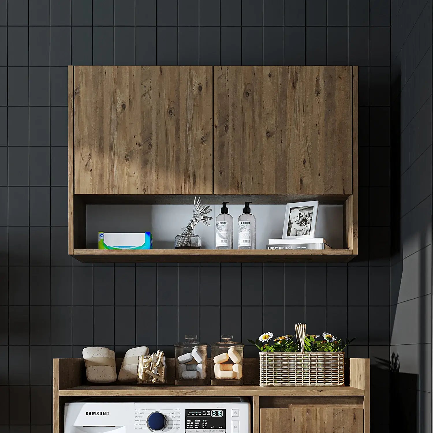 Roomart Derin 100 cm wall-mounted cabinet in oak, UK laundry room storage from front