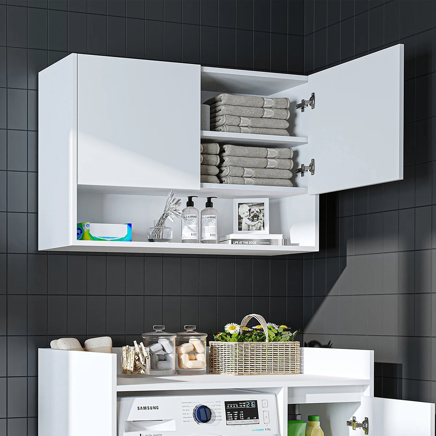 Roomart Derin 100 cm wall-mounted cabinet in white, UK laundry room storage door open