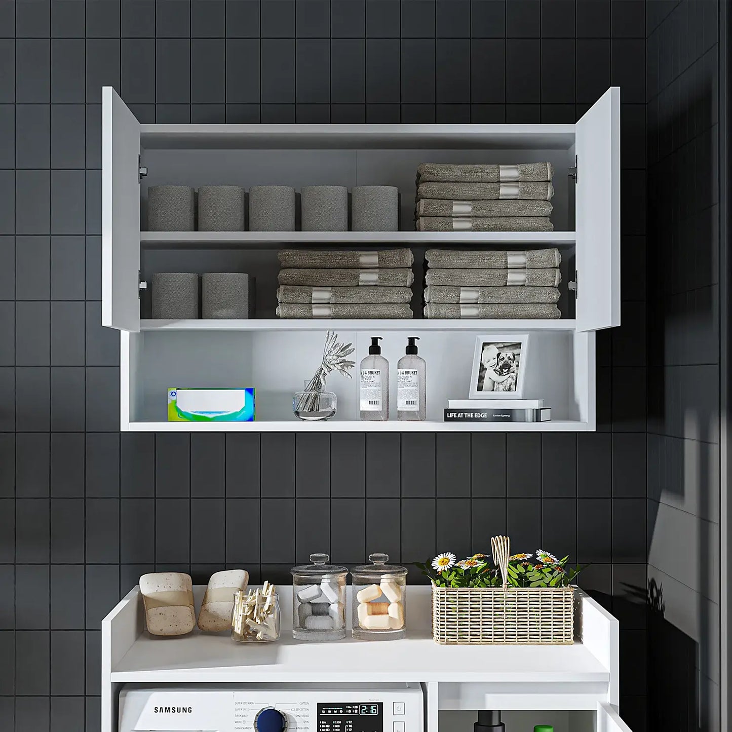 Roomart Derin 100 cm wall-mounted cabinet in white, UK laundry room storage doors open front