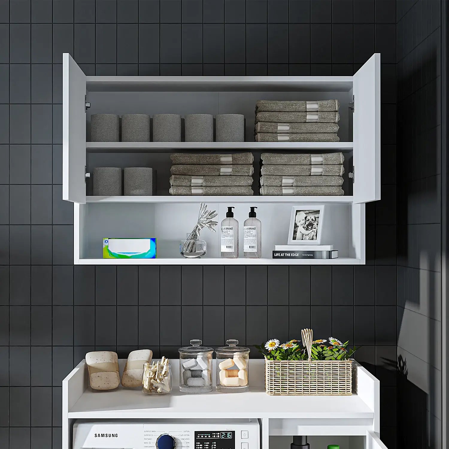 Roomart Derin 100 cm wall-mounted cabinet in white, UK laundry room storage doors open front