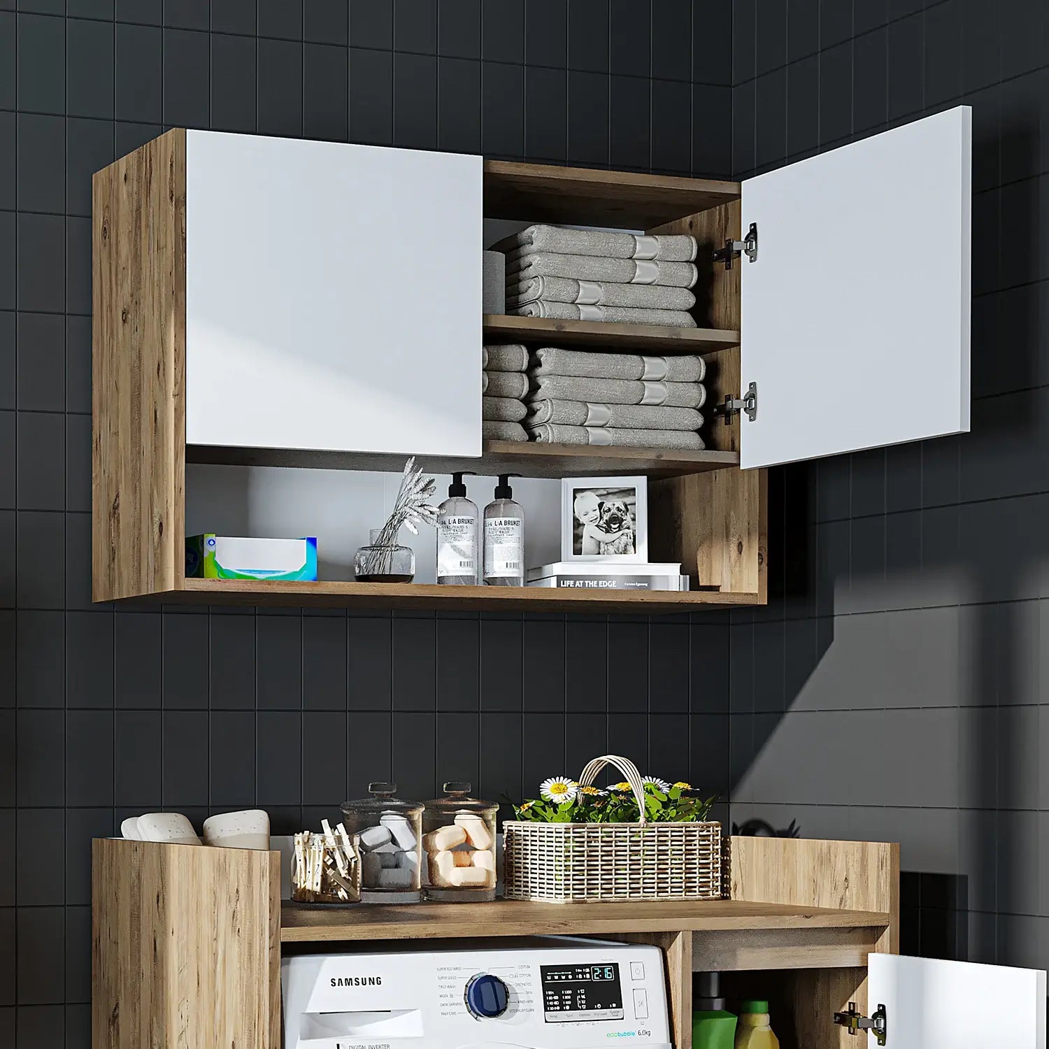 Roomart Derin 100 cm wall-mounted cabinet in white oak, UK laundry room storage door open