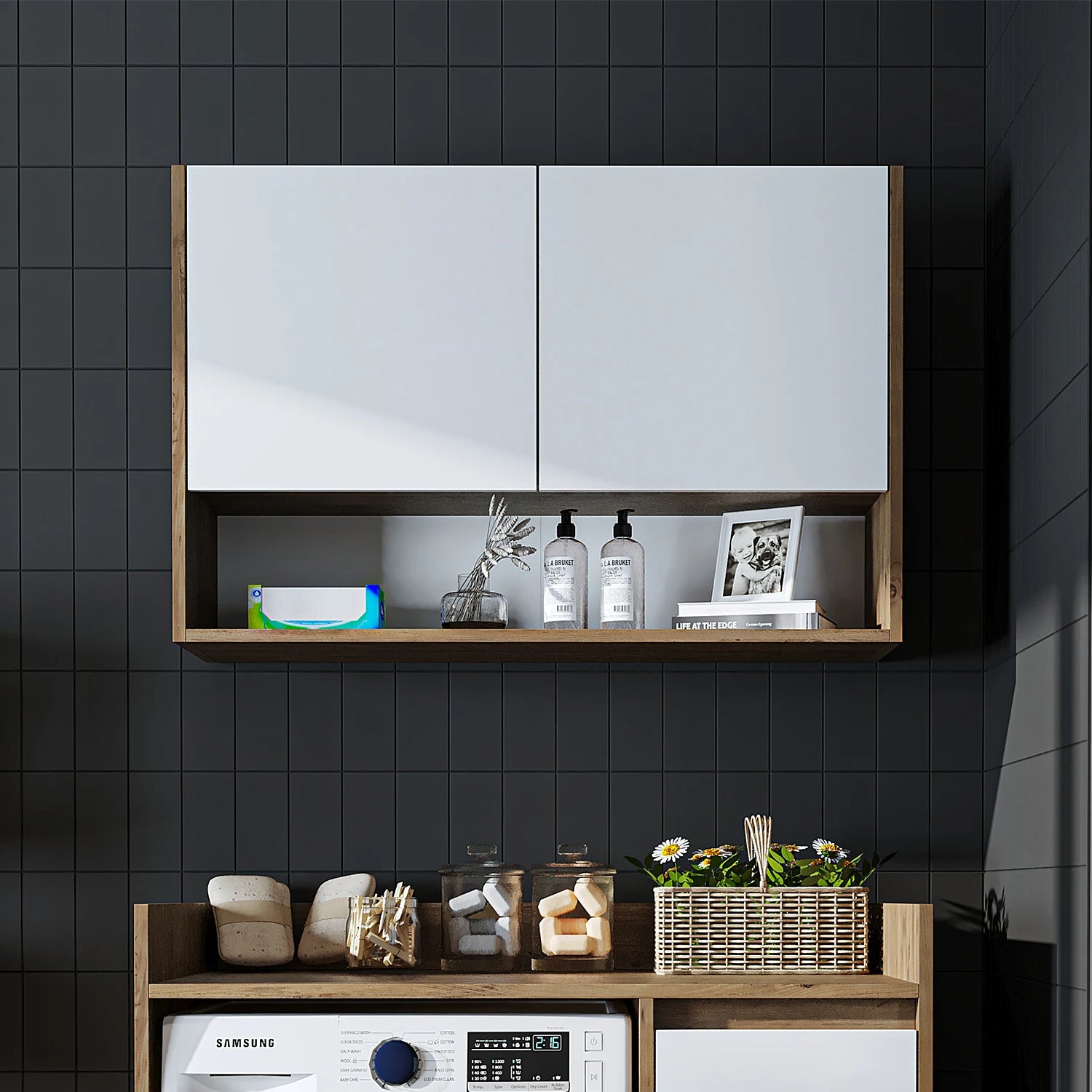Roomart Derin 100 cm wall-mounted cabinet in white oak, UK laundry room storage from front