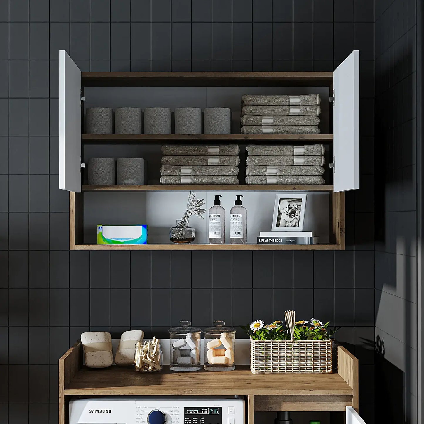 Roomart Derin 100 cm wall-mounted cabinet in white oak, UK laundry room storage doors open front