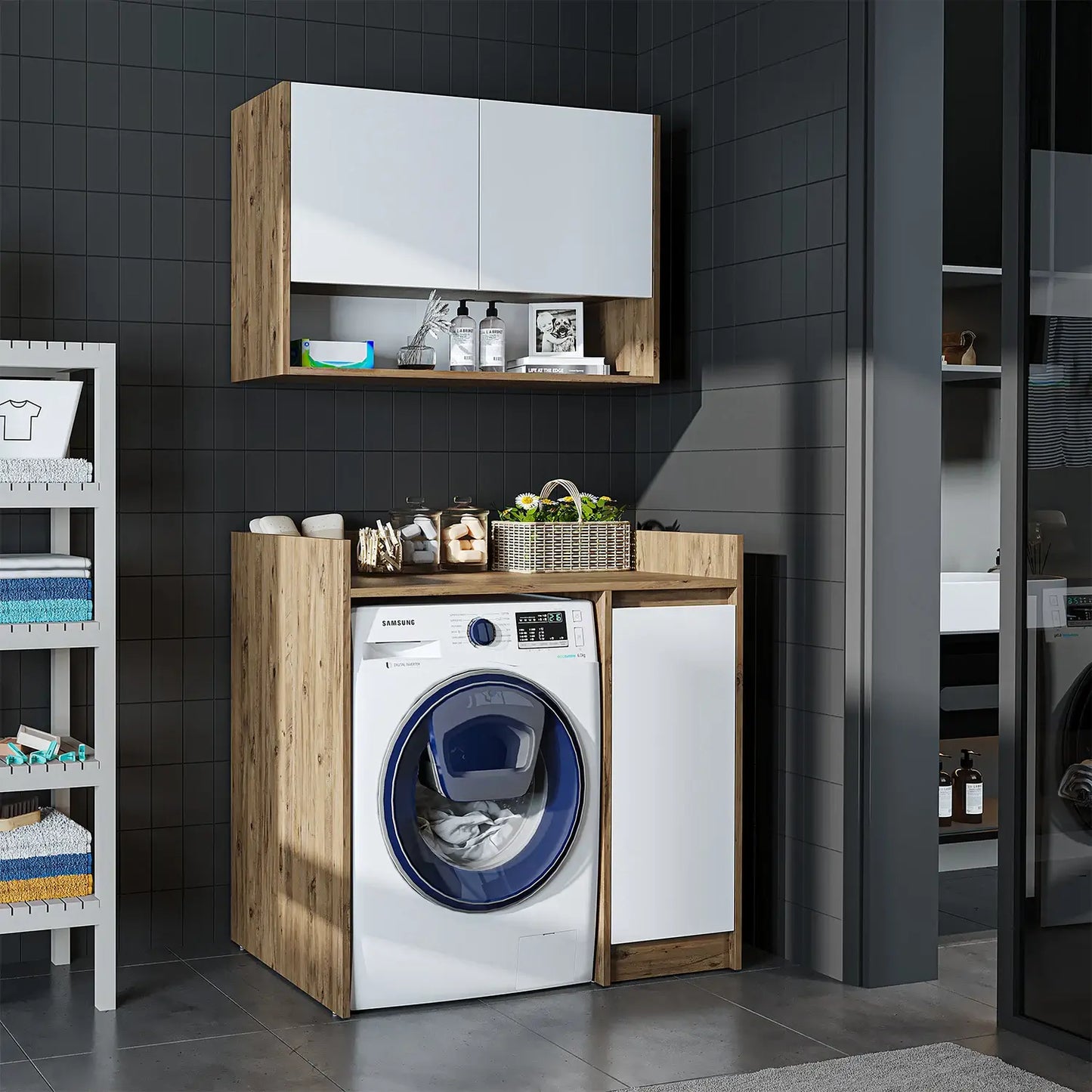 Roomart Derin 100 cm wall-mounted cabinet and washing machine cabinet in white oak, UK laundry room storage