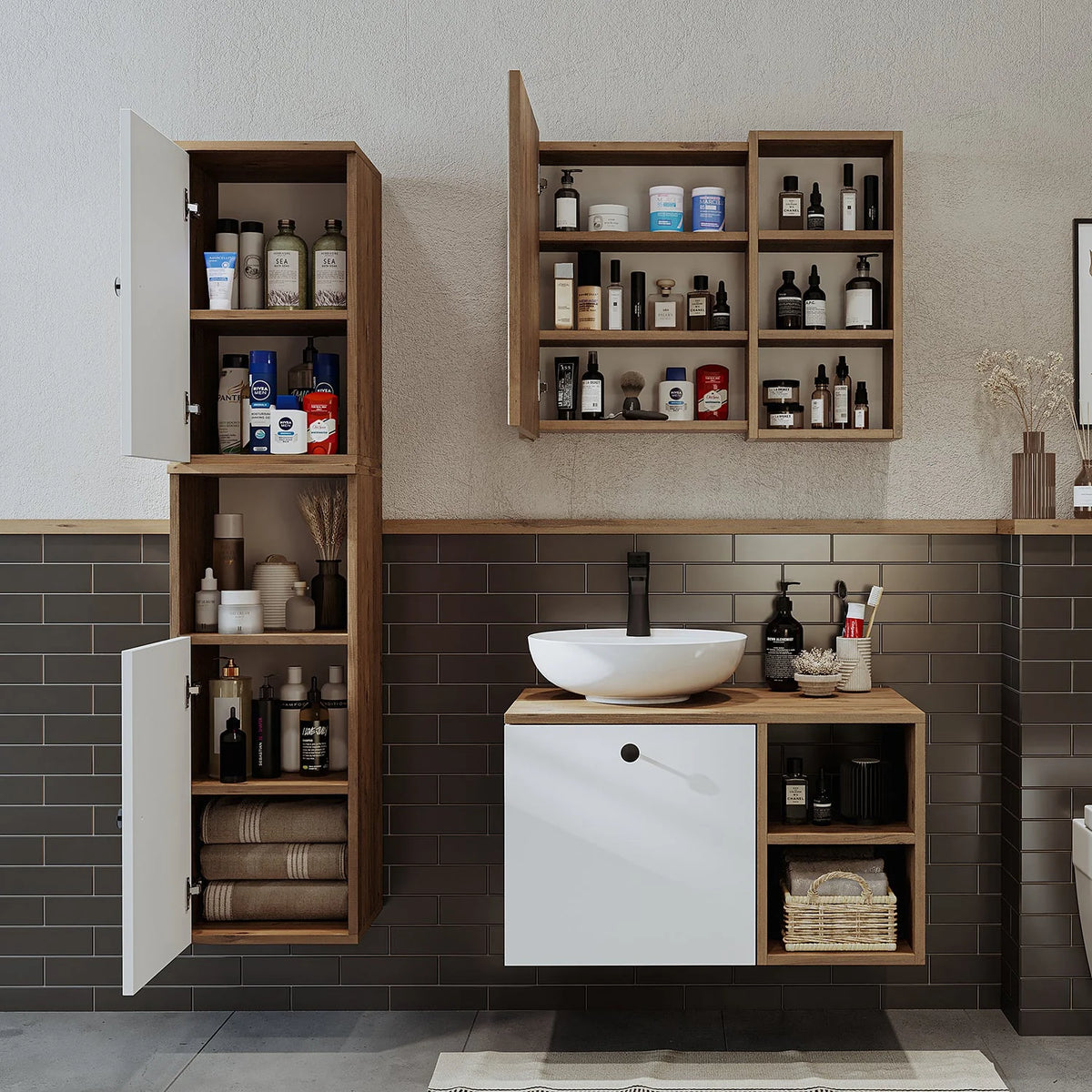 Roomart Lotus - Bathroom Cabinet Set of 3 with Washbasin