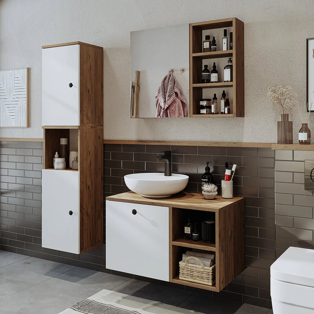 Roomart Lotus - Bathroom Cabinet Set of 3 with Washbasin