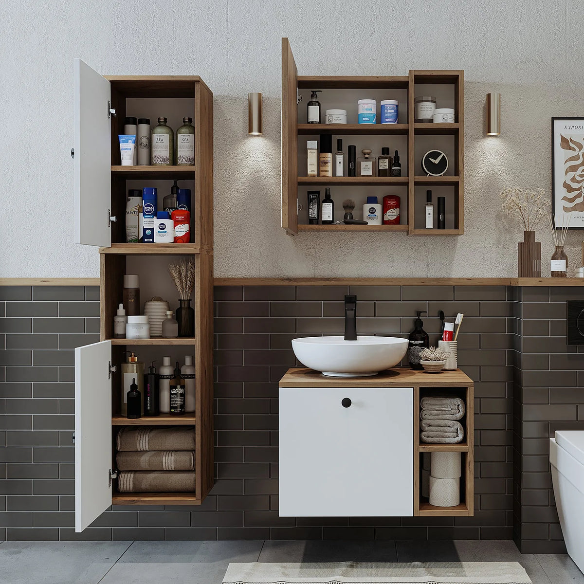 Roomart Lotus - Bathroom Cabinet Set of 3 with Washbasin