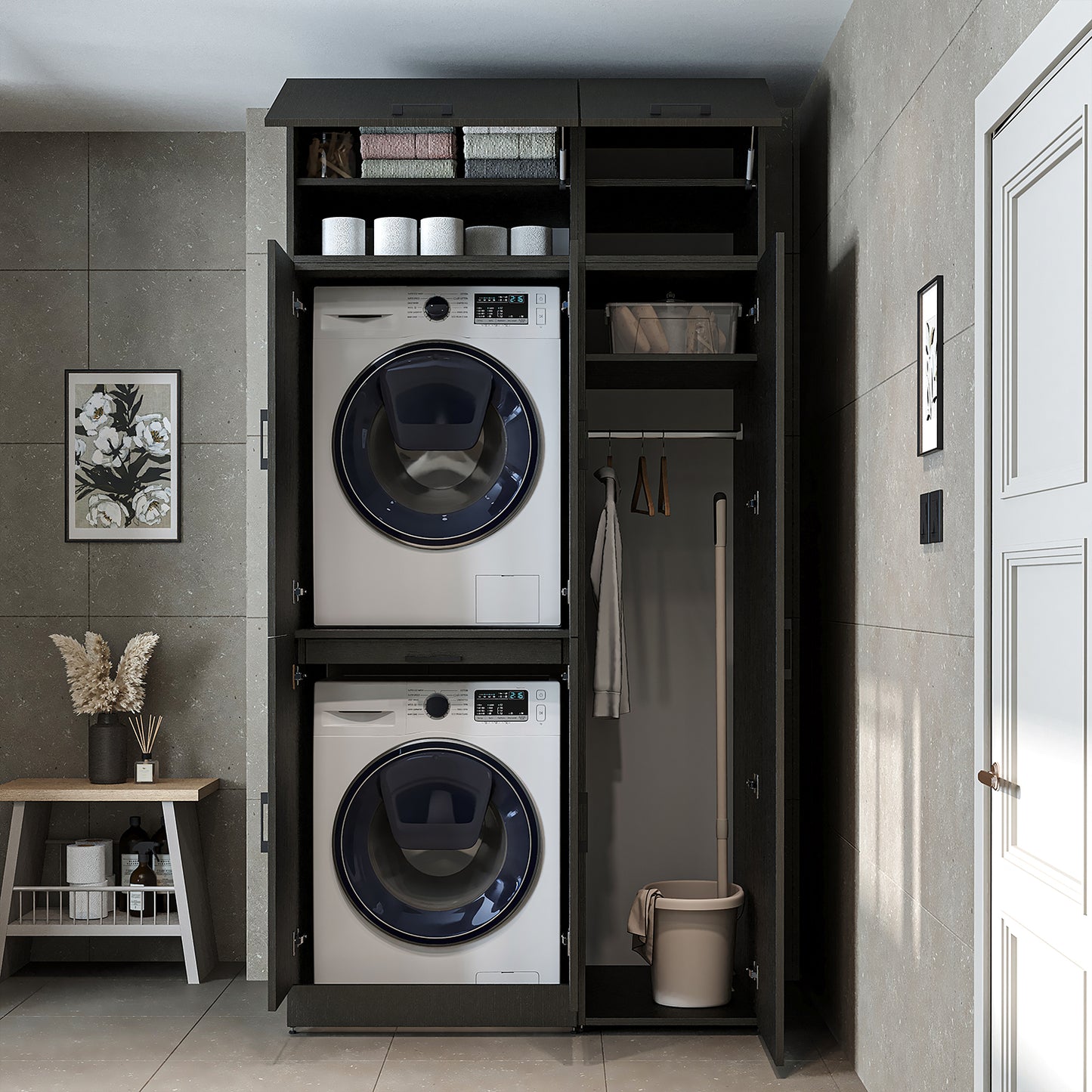 Roomart Dora - Washer & Dryer Cabinet with Side Storage - 115cm