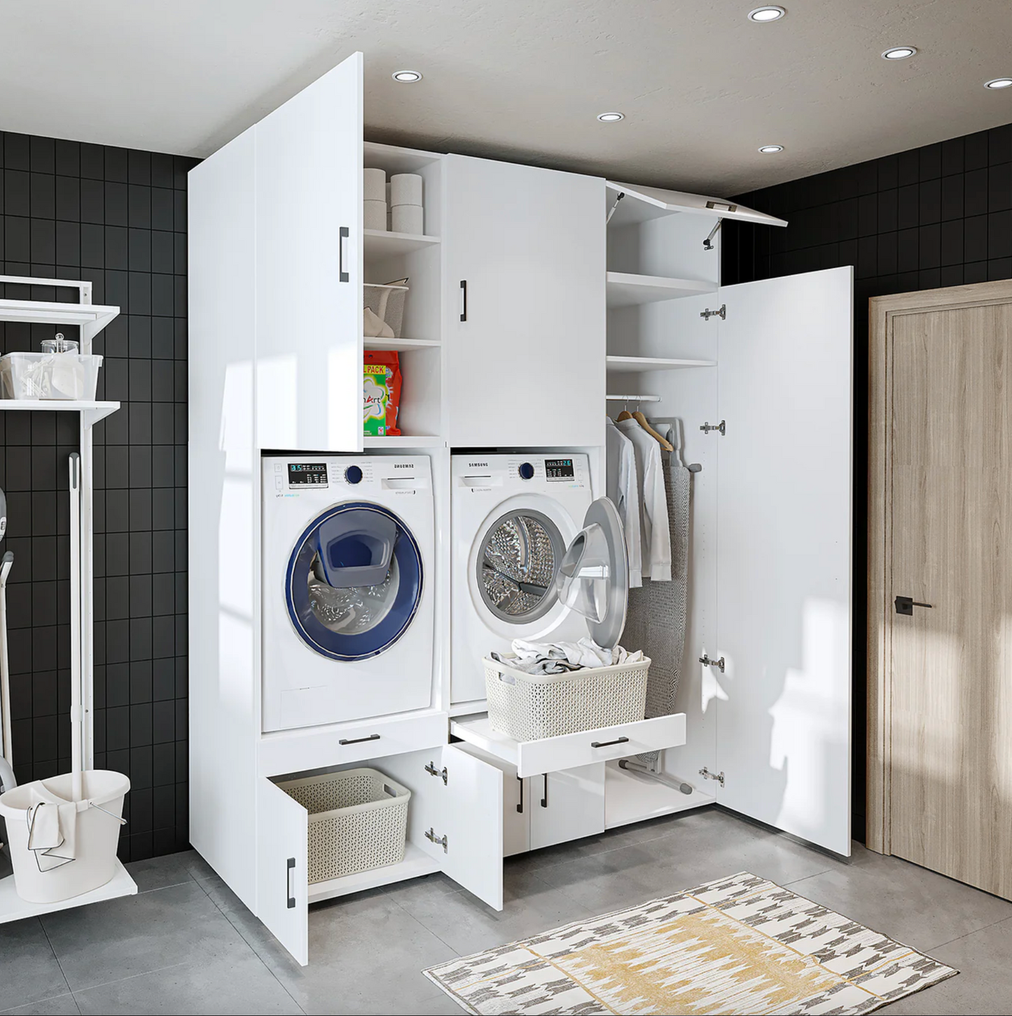 Roomart A Plus — Twin Washer & Dryer Cabinet Set with Side Storage