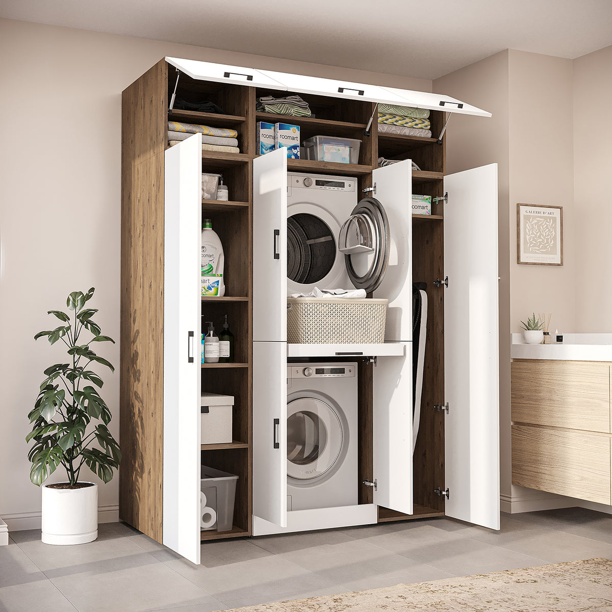 Roomart Dora Wall - Washer & Dryer Cabinet with Side Storage - 160cm