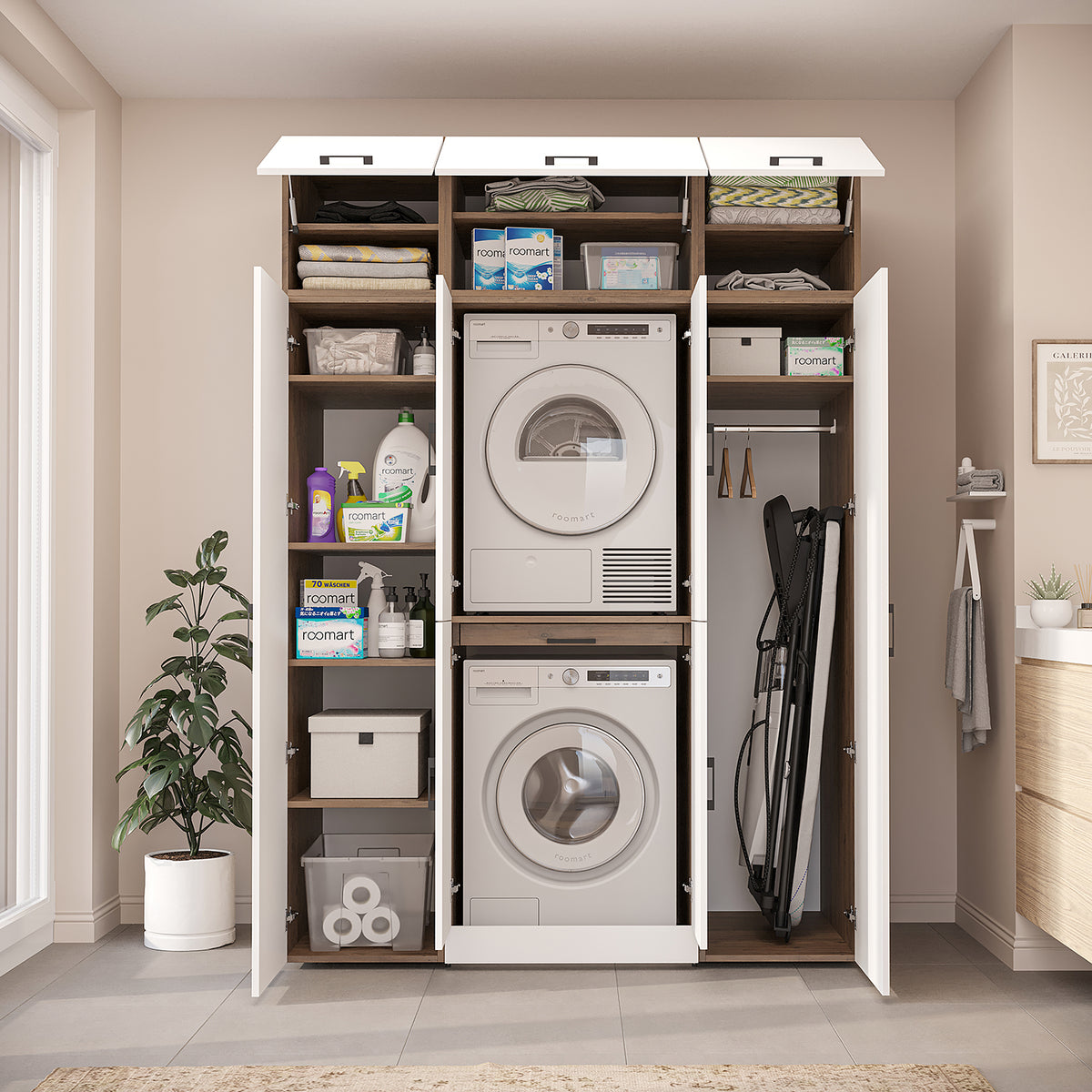 Roomart Dora Wall - Washer & Dryer Cabinet with Side Storage - 160cm