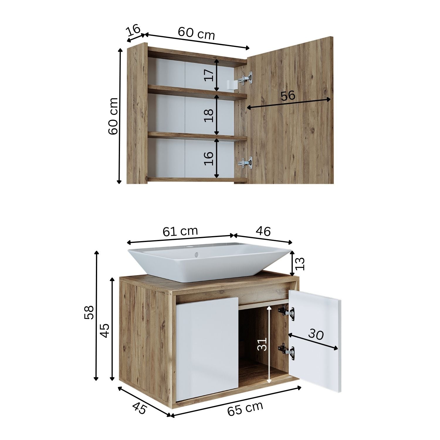 banyo dolabı roomart lavabolu atlantic seri 65 cm ahşap beyaz aynalı kapaklı banyo dolabı takımı