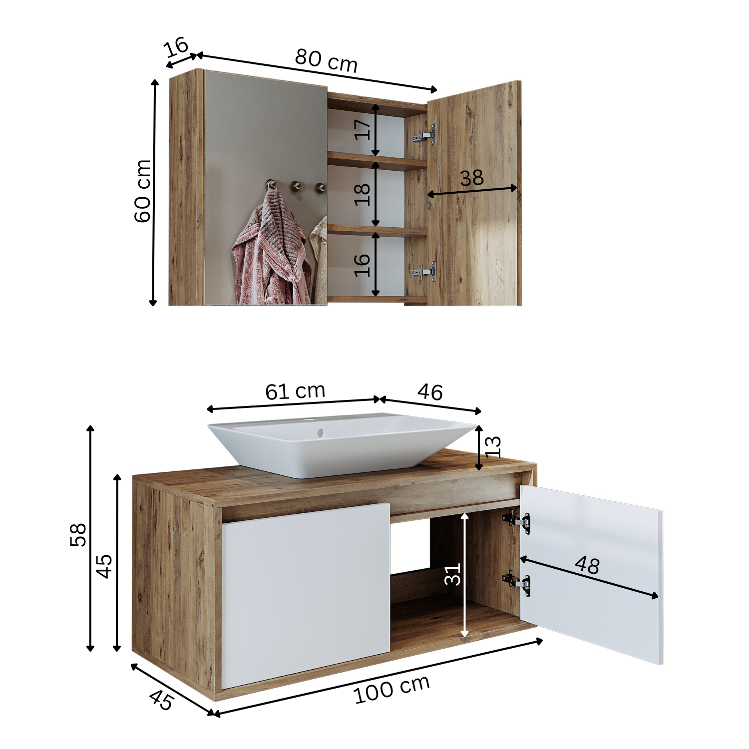 banyo dolabı roomart lavabolu atlantic seri 100 cm ahşap beyaz aynalı kapaklı banyo dolabı takımı