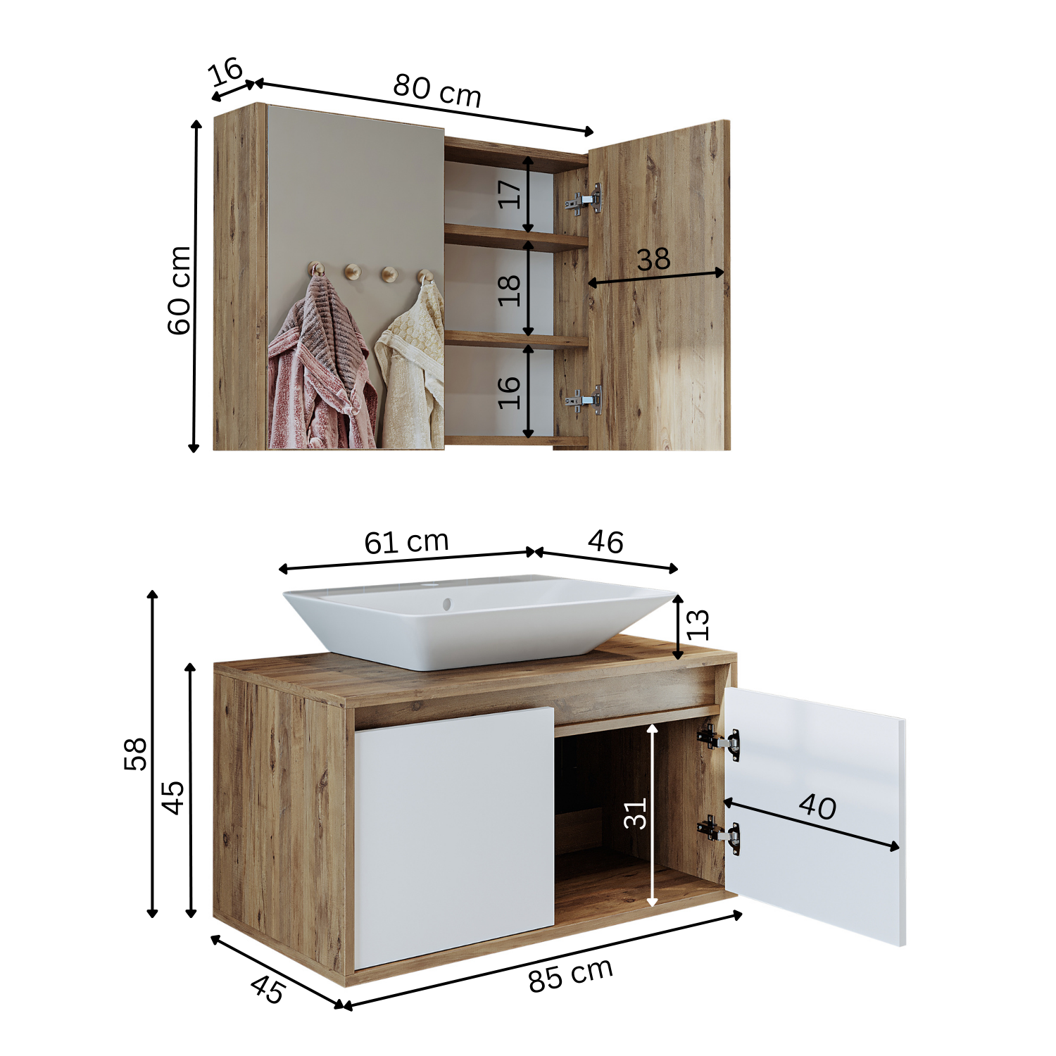 banyo dolabı roomart lavabolu atlantic seri 85 cm ahşap beyaz aynalı kapaklı banyo dolabı takımı