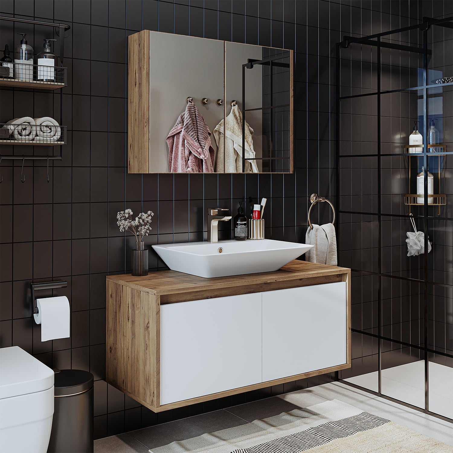 banyo dolabı roomart lavabolu atlantic seri 100 cm ahşap beyaz aynalı kapaklı banyo dolabı takımı