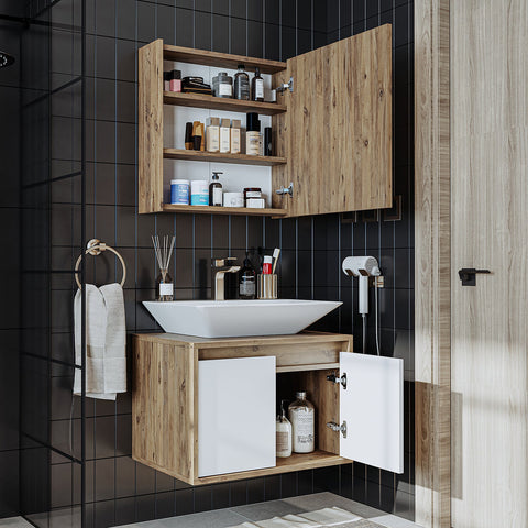 banyo dolabı roomart lavabolu atlantic seri 65 cm ahşap beyaz aynalı kapaklı banyo dolabı takımı