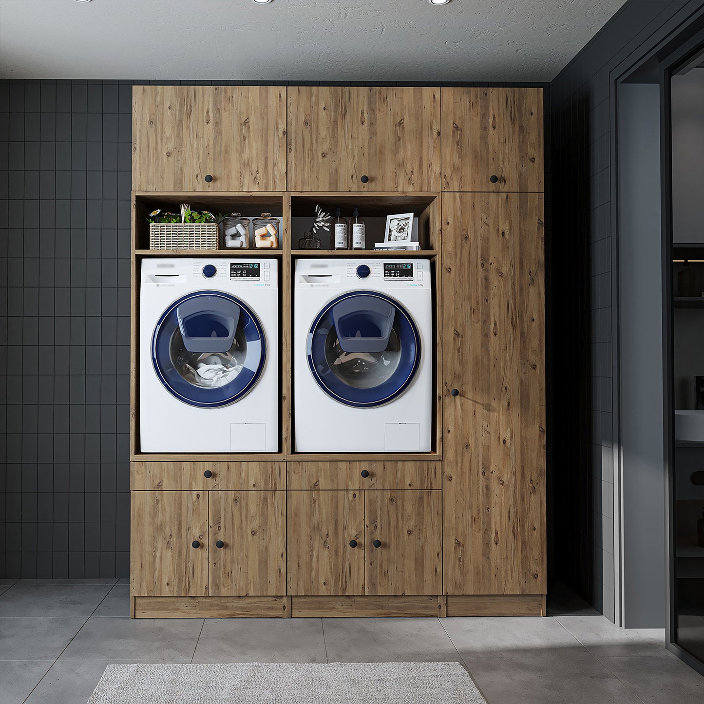 Roomart 1000 Plus — Twin Washer & Dryer Cabinet Set with Side Storage