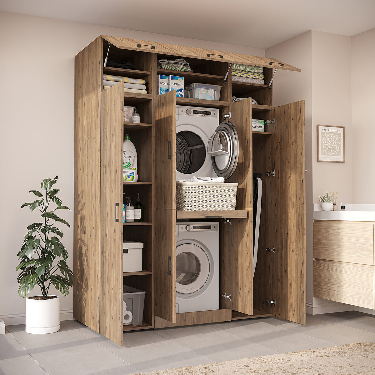 Roomart Dora Wall - Washer & Dryer Cabinet with Side Storage - 160cm