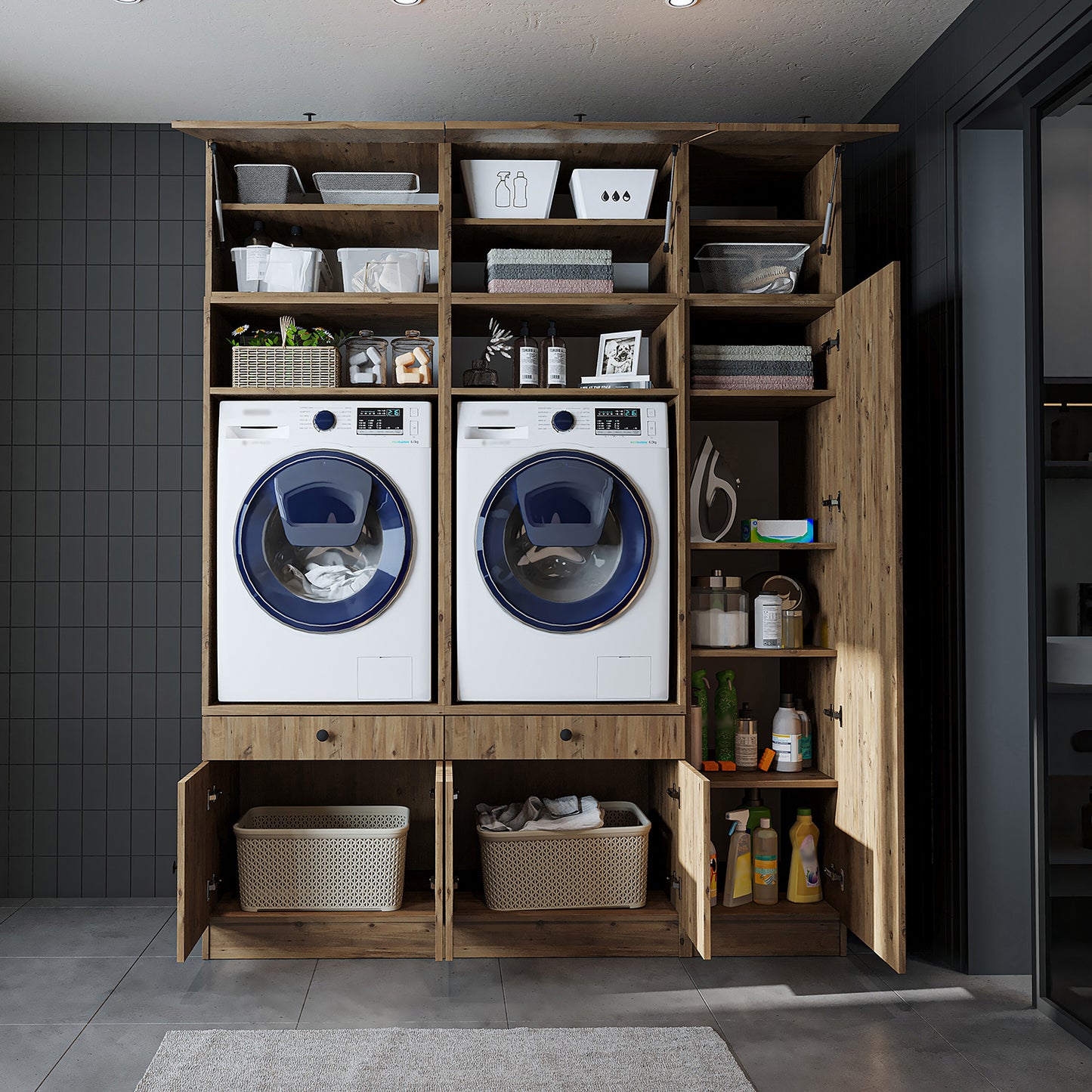 Roomart 1000 Plus — Twin Washer & Dryer Cabinet Set with Side Storage