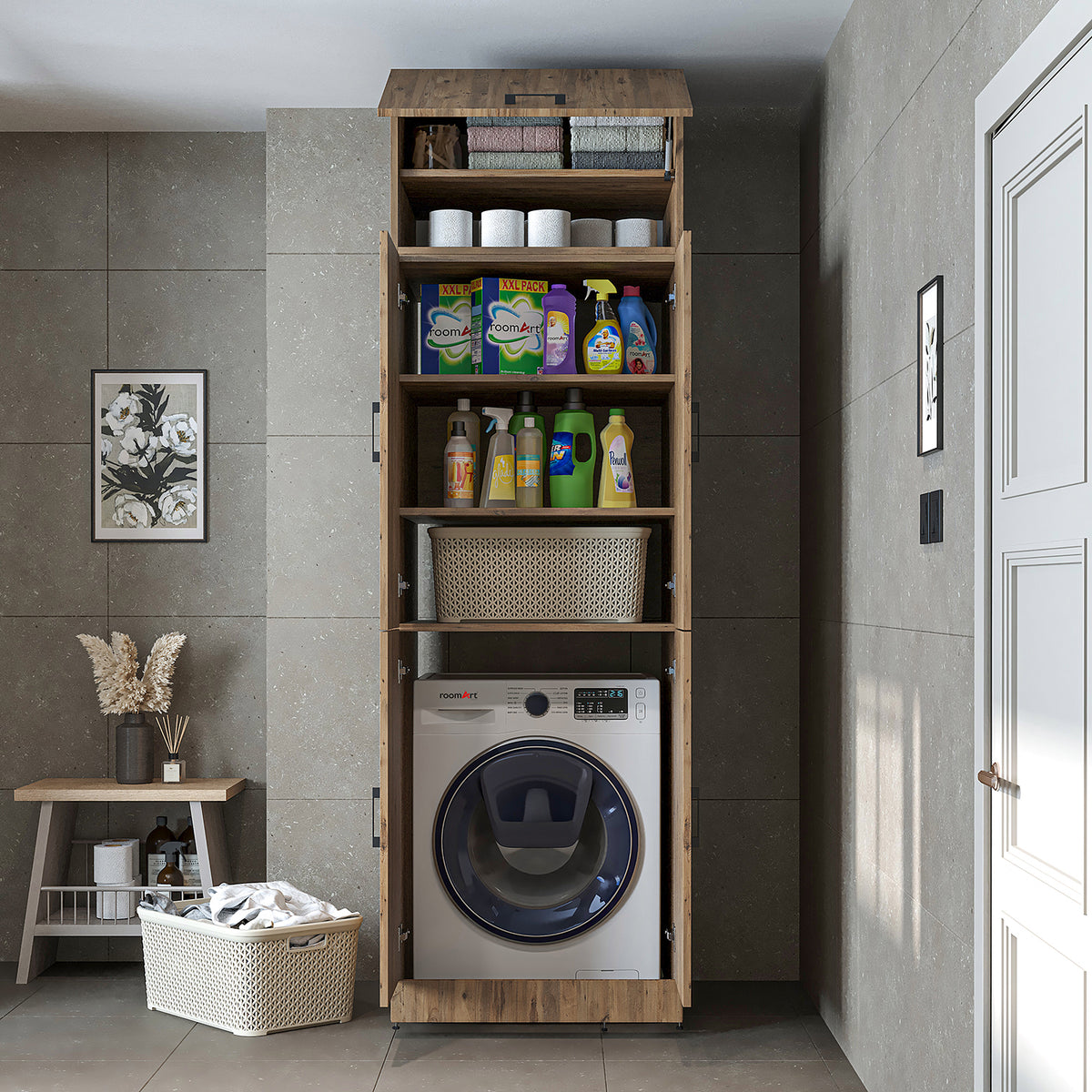 Roomart Dora Flex - 2-in-1 Cabinet for Washing Machine with Storage Shelves or Dryer Stacker