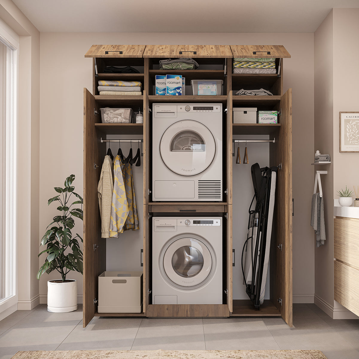 Roomart Dora Wall - Washer & Dryer Cabinet with Side Storage - 160cm