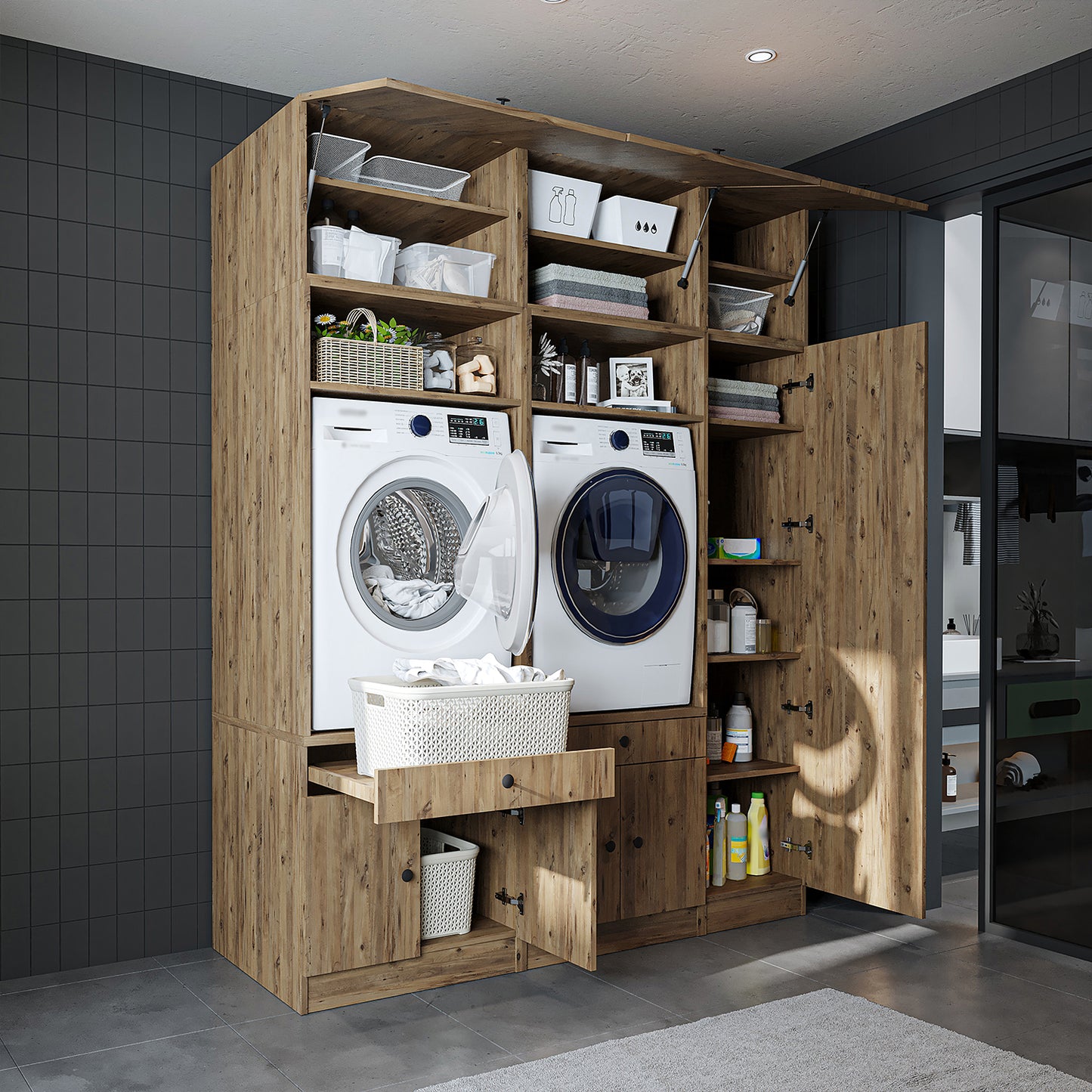 Roomart 1000 Plus — Twin Washer & Dryer Cabinet Set with Side Storage