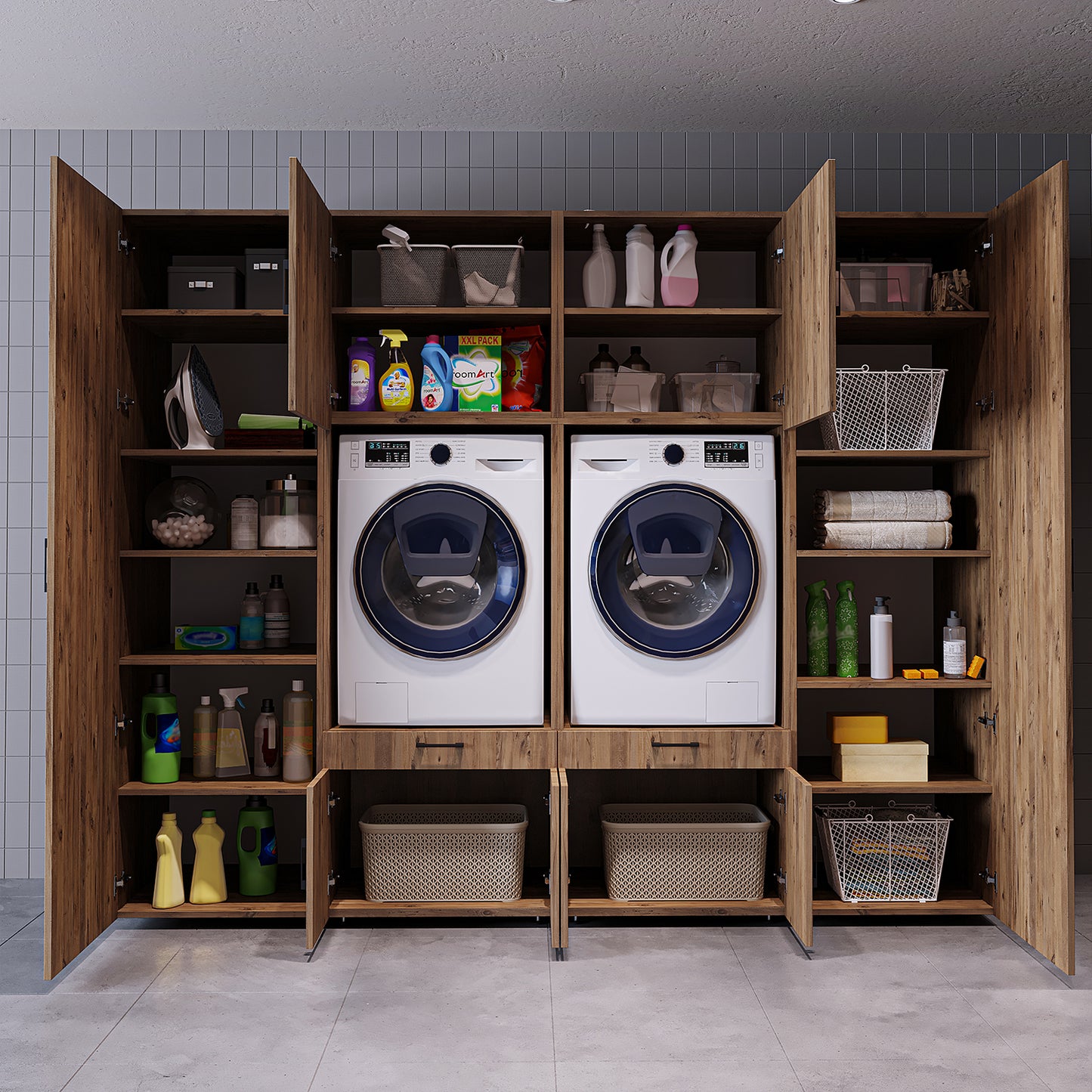 The Roomart A Luxe Line - Twin Washer & Dryer Cabinet Set with Side Storage Units