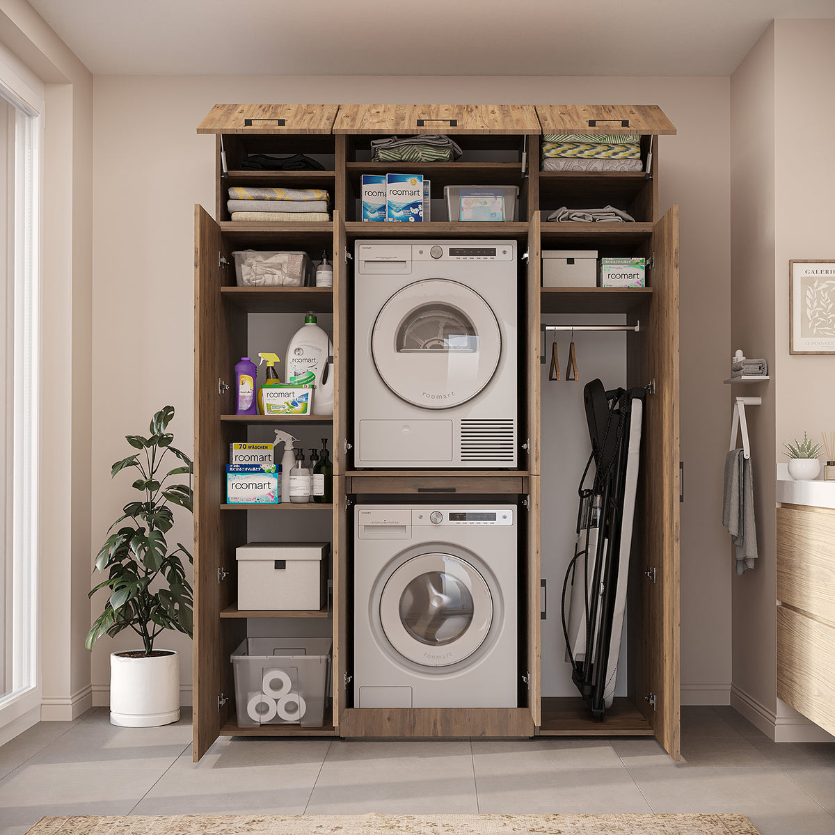 Roomart Dora Wall - Washer & Dryer Cabinet with Side Storage - 160cm