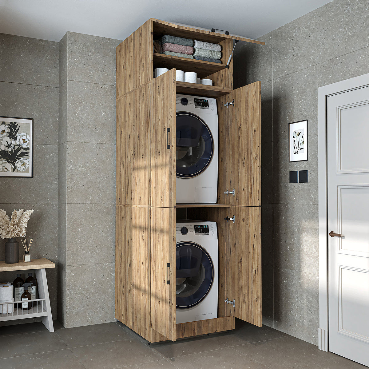 Roomart Dora Flex - 2-in-1 Cabinet for Washing Machine with Storage Shelves or Dryer Stacker
