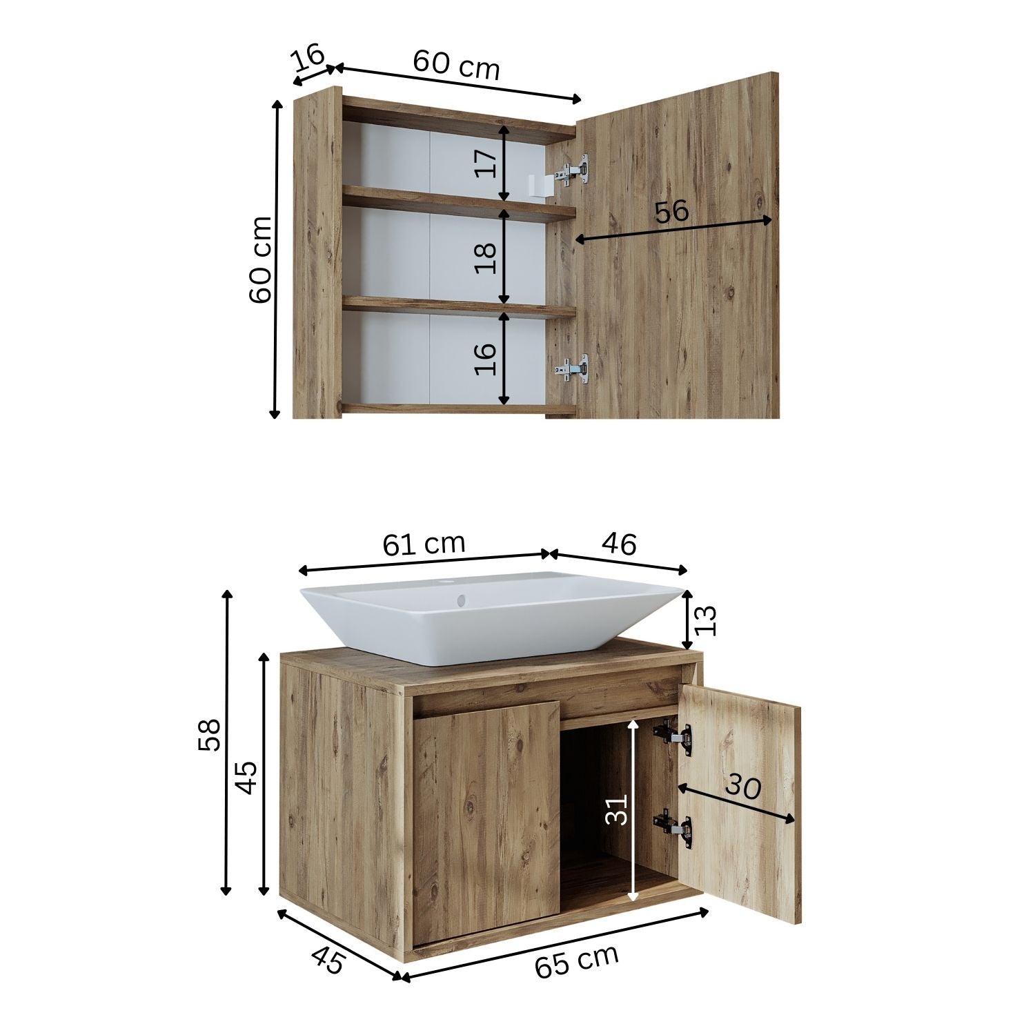 banyo dolabı roomart lavabolu atlantic seri 65 cm ahşap aynalı kapaklı banyo dolabı takımı