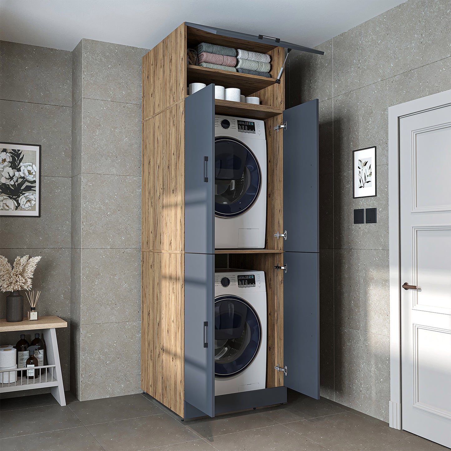 Roomart Dora Flex - 2-in-1 Cabinet for Washing Machine with Storage Shelves or Dryer Stacker