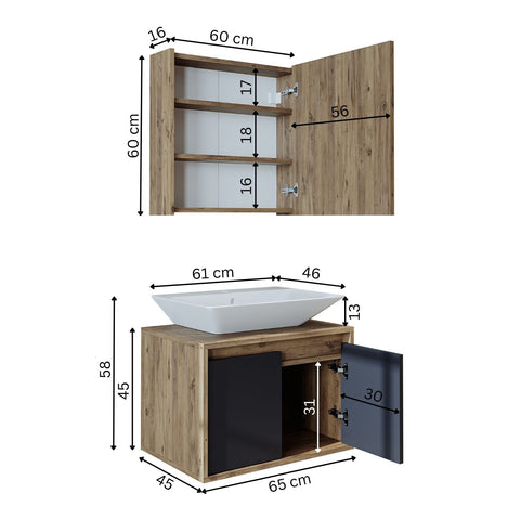 banyo dolabı roomart lavabolu atlantic seri 65 cm ahşap antrasit aynalı kapaklı banyo dolabı takımı