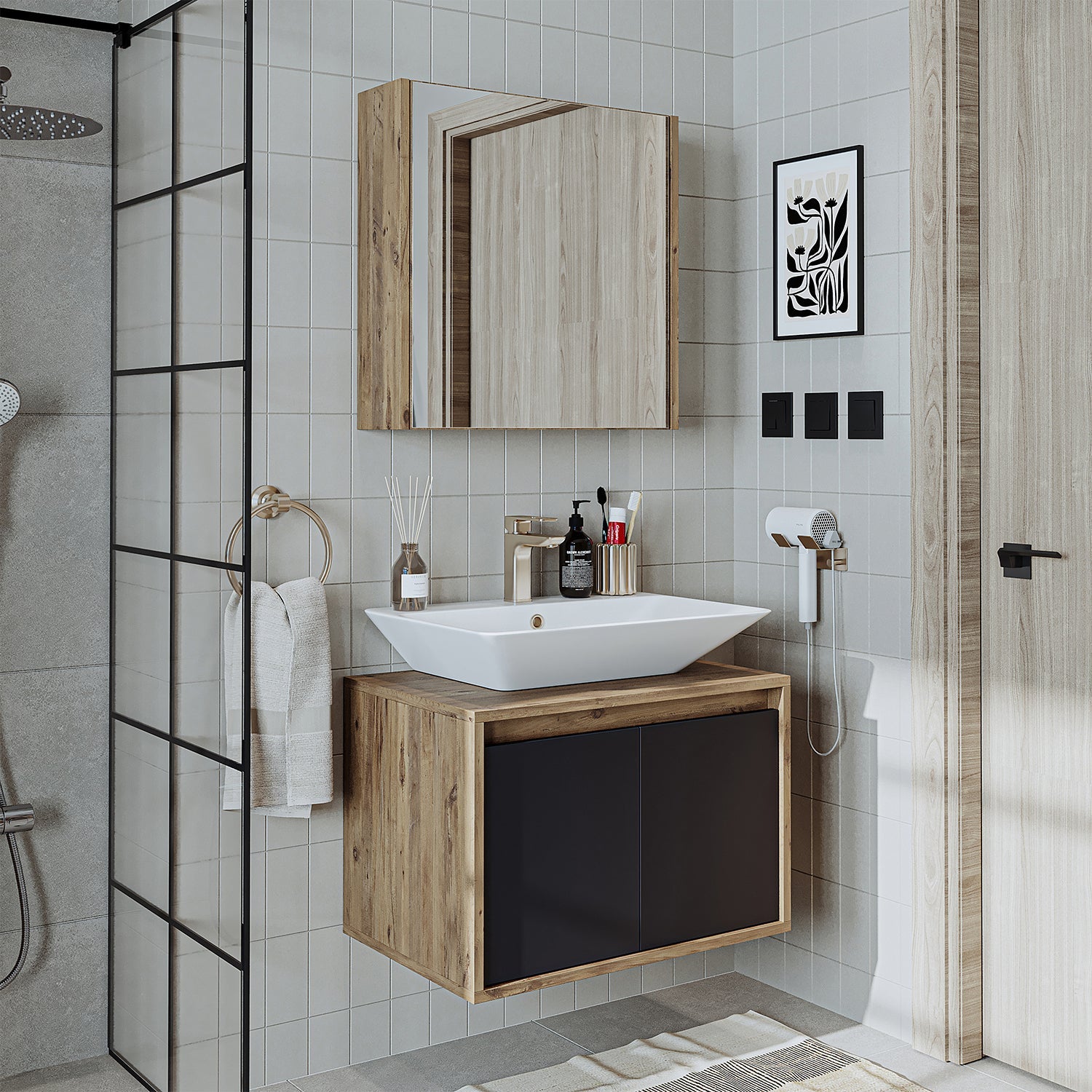 banyo dolabı roomart lavabolu atlantic seri 65 cm ahşap antrasit aynalı kapaklı banyo dolabı takımı