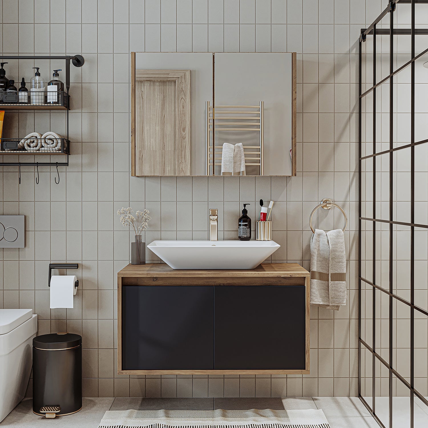 banyo dolabı roomart lavabolu atlantic seri 85 cm ahşap antrasit aynalı kapaklı banyo dolabı takımı