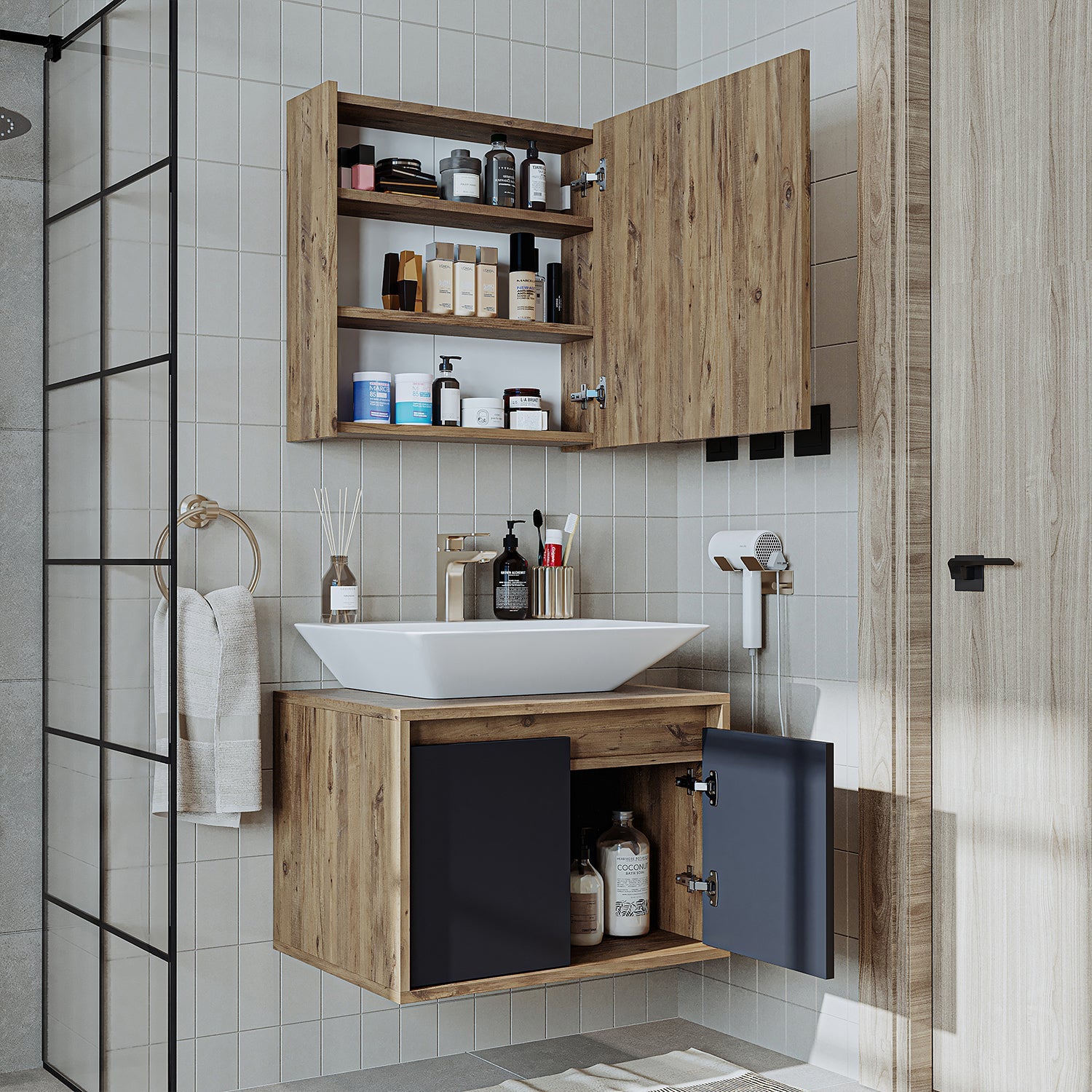 banyo dolabı roomart lavabolu atlantic seri 65 cm ahşap antrasit aynalı kapaklı banyo dolabı takımı