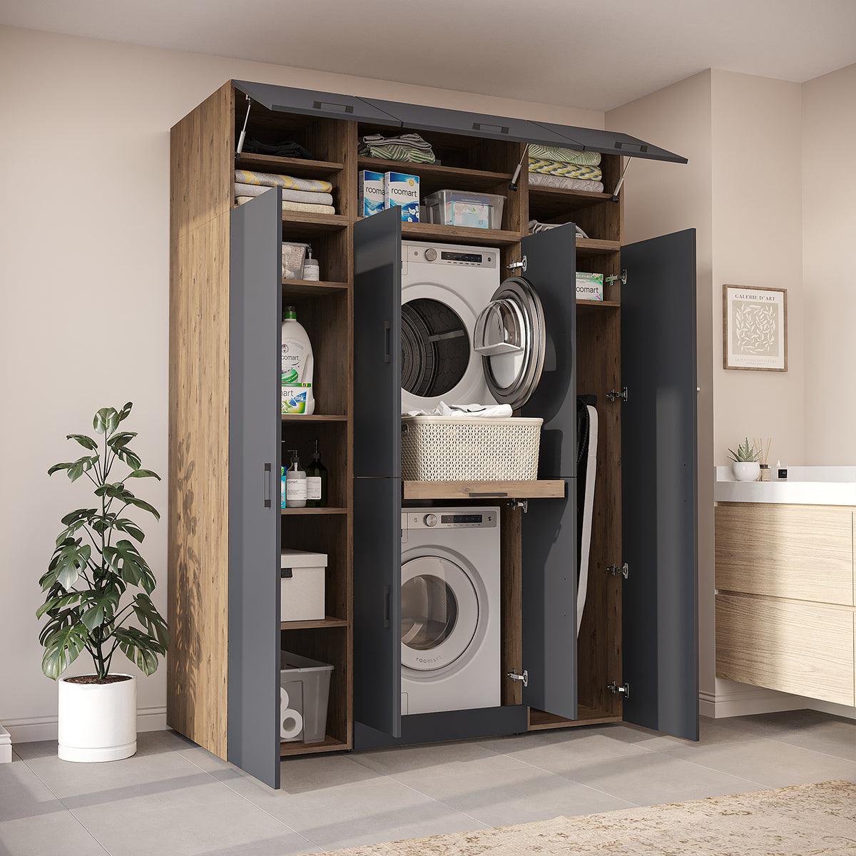 Roomart Dora Wall - Washer & Dryer Cabinet with Side Storage - 160cm