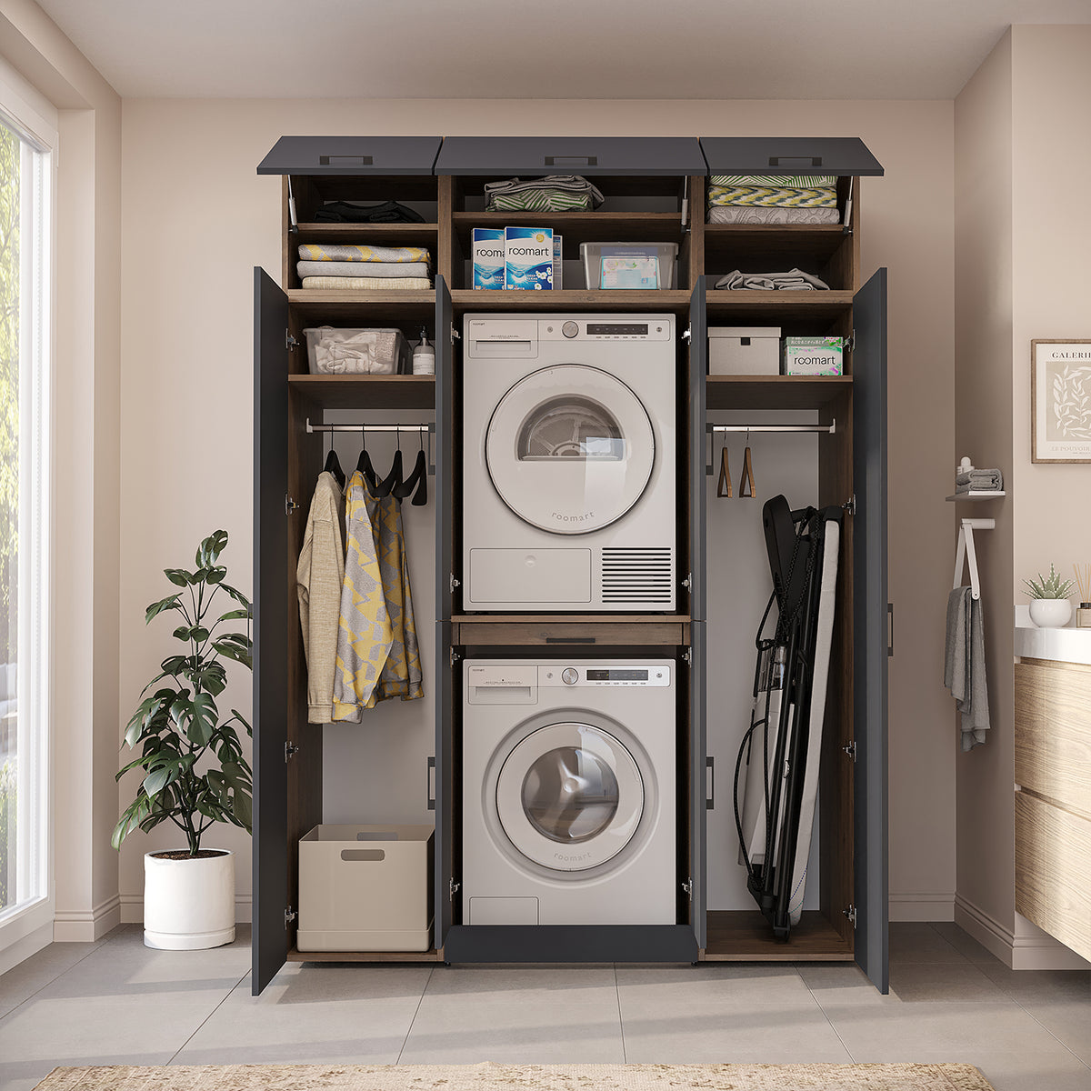 Roomart Dora Wall - Washer & Dryer Cabinet with Side Storage - 160cm