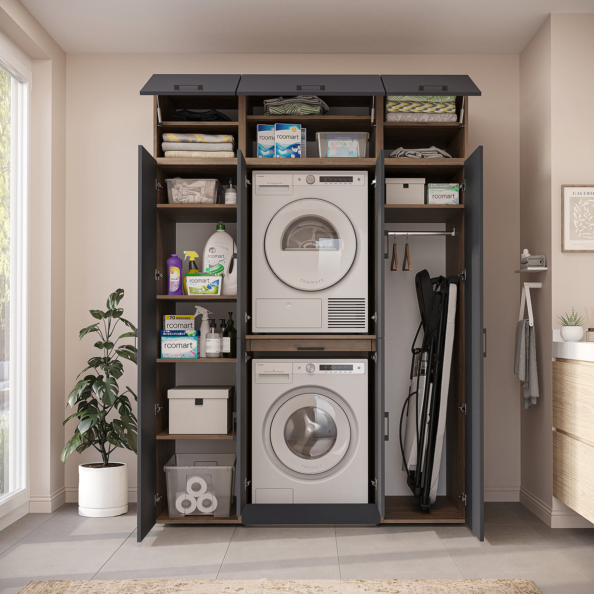 Roomart Dora Wall - Washer & Dryer Cabinet with Side Storage - 160cm