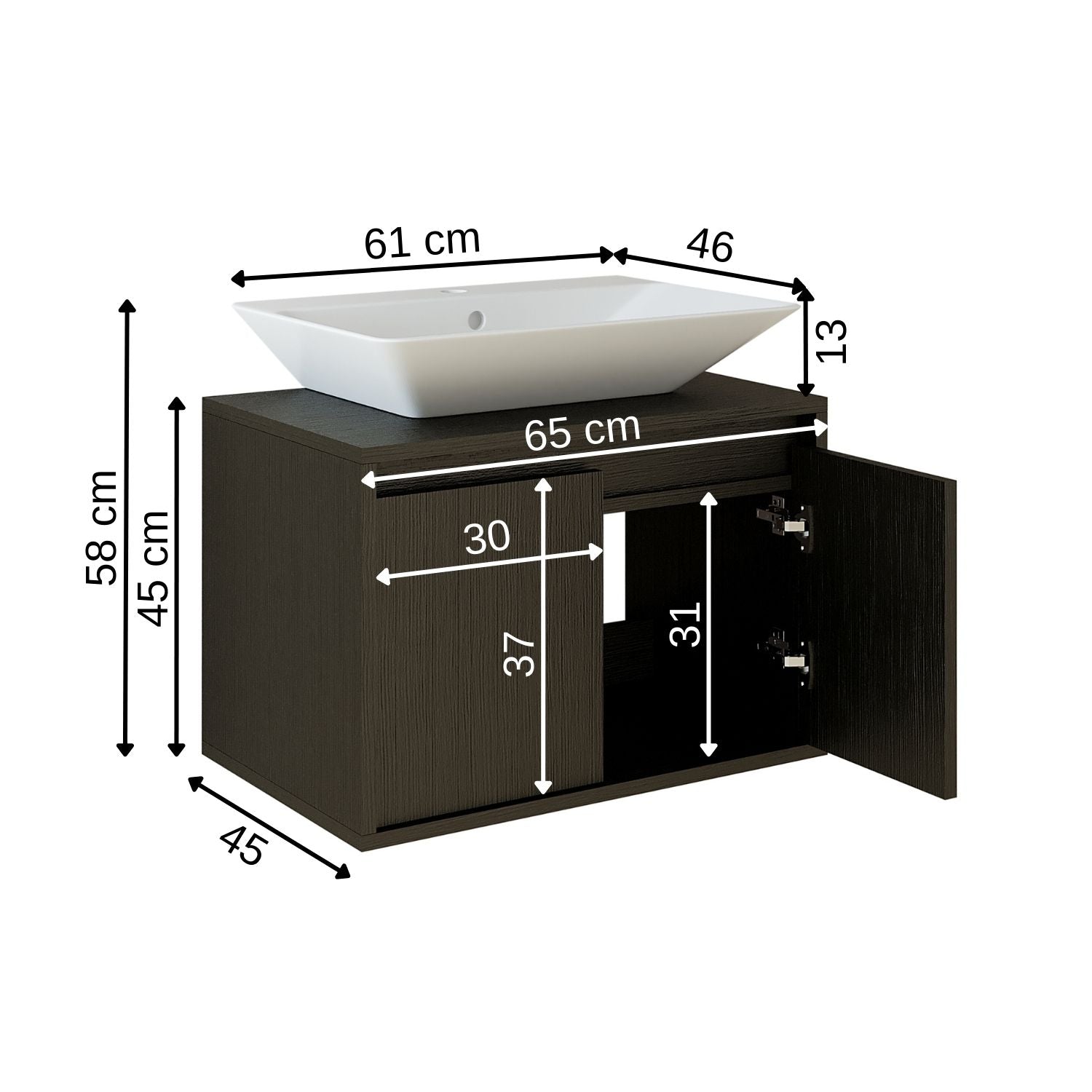 banyo dolabı roomart lavabolu atlantic seri 65 cm siyah kapaklı alt dolap