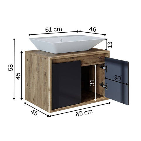 banyo dolabı roomart lavabolu atlantic seri 65 cm ahşap antrasit kapaklı alt dolap