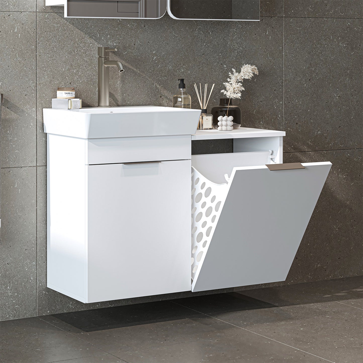Roomart Dubai - Wall Hung Bathroom Vanity Unit with Basin & Laundry Tilt Cabinet - 92cm